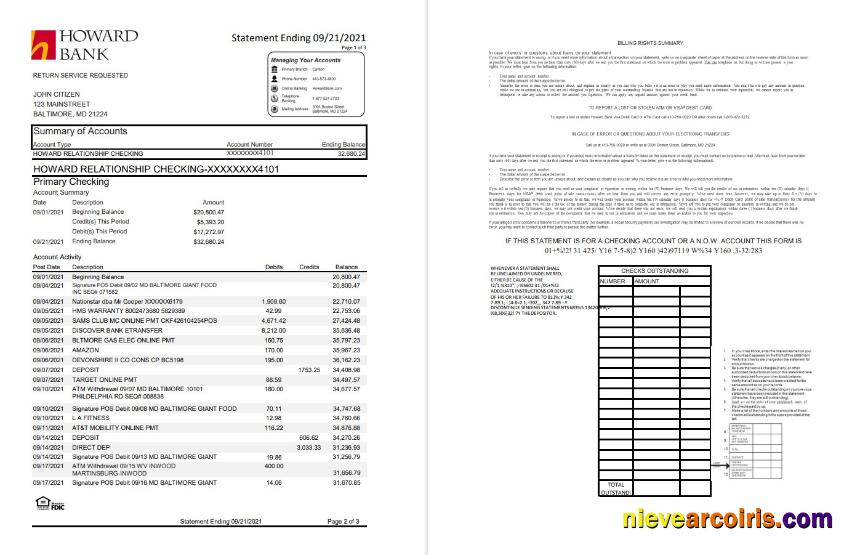 USA Maryland Howard Personal bank statement, Excel and PDF format (.xls and .pdf) (4 pages)